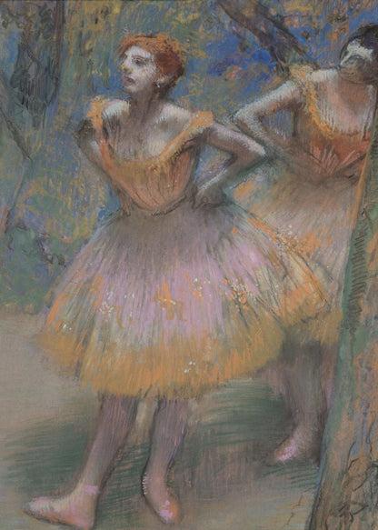 An impressionist pastel painting by Edgar Degas of two ballet dancers. The main dancer in the foreground has red hair and wears a pink and orange tutu. She stands with her hands on her hips, looking off to the left. The background is a blend of blue and green strokes, suggesting a backstage or outdoor setting. Decor