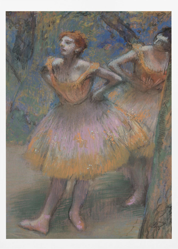 An impressionist pastel painting by Edgar Degas of two ballet dancers. The main dancer in the foreground has red hair and wears a pink and orange tutu. She stands with her hands on her hips, looking off to the left. The background is a blend of blue and green strokes, suggesting a backstage or outdoor setting. Decor