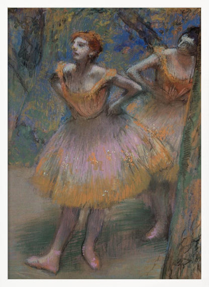 An impressionist pastel painting by Edgar Degas of two ballet dancers. The main dancer in the foreground has red hair and wears a pink and orange tutu. She stands with her hands on her hips, looking off to the left. The background is a blend of blue and green strokes, suggesting a backstage or outdoor setting. Decor