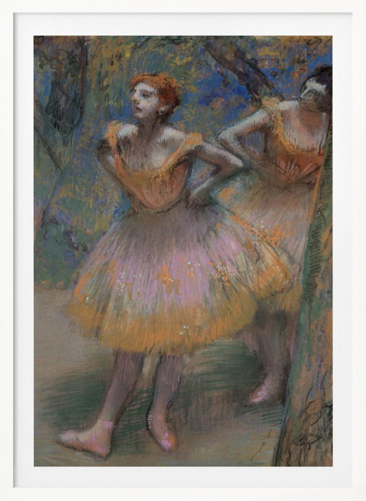 An impressionist pastel painting by Edgar Degas of two ballet dancers. The main dancer in the foreground has red hair and wears a pink and orange tutu. She stands with her hands on her hips, looking off to the left. The background is a blend of blue and green strokes, suggesting a backstage or outdoor setting. Decor
