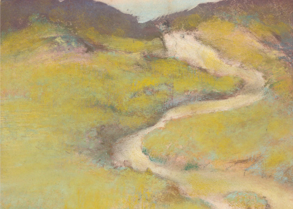 An impressionistic landscape painting in a silver frame. The artwork features a winding, light-colored path meandering through rolling hills rendered in shades of chartreuse and olive green with hints of pink and blue. The distant hills are a darker, muted brown, creating a sense of depth against a pale sky. Decor