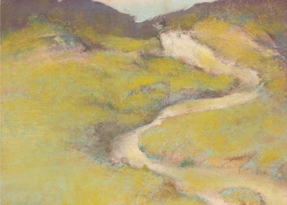 An impressionistic landscape painting in a silver frame. The artwork features a winding, light-colored path meandering through rolling hills rendered in shades of chartreuse and olive green with hints of pink and blue. The distant hills are a darker, muted brown, creating a sense of depth against a pale sky. Decor
