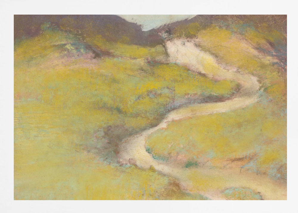An impressionistic landscape painting in a silver frame. The artwork features a winding, light-colored path meandering through rolling hills rendered in shades of chartreuse and olive green with hints of pink and blue. The distant hills are a darker, muted brown, creating a sense of depth against a pale sky. Decor