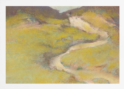 An impressionistic landscape painting in a silver frame. The artwork features a winding, light-colored path meandering through rolling hills rendered in shades of chartreuse and olive green with hints of pink and blue. The distant hills are a darker, muted brown, creating a sense of depth against a pale sky. Decor