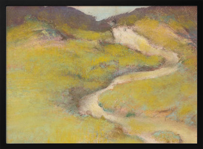 An impressionistic landscape painting in a silver frame. The artwork features a winding, light-colored path meandering through rolling hills rendered in shades of chartreuse and olive green with hints of pink and blue. The distant hills are a darker, muted brown, creating a sense of depth against a pale sky. Decor