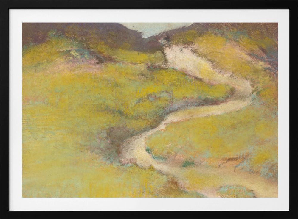 An impressionistic landscape painting in a silver frame. The artwork features a winding, light-colored path meandering through rolling hills rendered in shades of chartreuse and olive green with hints of pink and blue. The distant hills are a darker, muted brown, creating a sense of depth against a pale sky. Decor