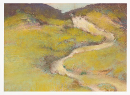 An impressionistic landscape painting in a silver frame. The artwork features a winding, light-colored path meandering through rolling hills rendered in shades of chartreuse and olive green with hints of pink and blue. The distant hills are a darker, muted brown, creating a sense of depth against a pale sky. Decor