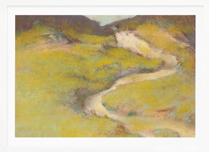 An impressionistic landscape painting in a silver frame. The artwork features a winding, light-colored path meandering through rolling hills rendered in shades of chartreuse and olive green with hints of pink and blue. The distant hills are a darker, muted brown, creating a sense of depth against a pale sky. Decor