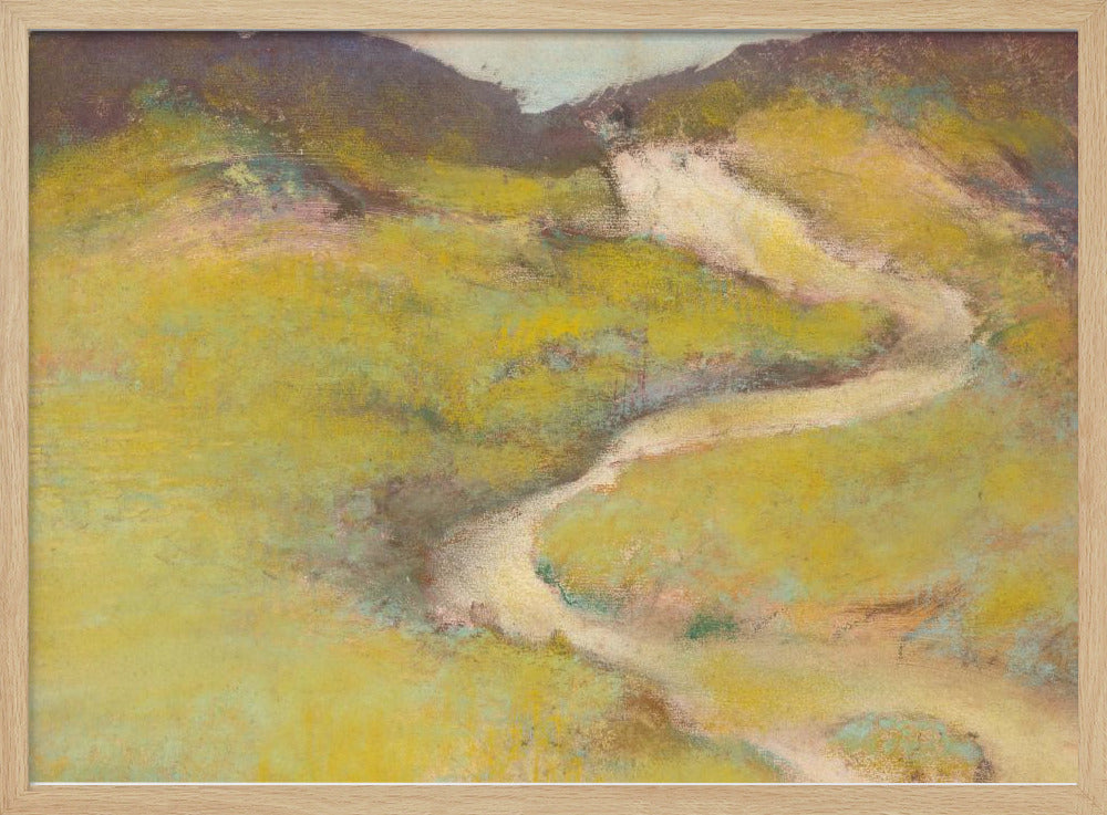 An impressionistic landscape painting in a silver frame. The artwork features a winding, light-colored path meandering through rolling hills rendered in shades of chartreuse and olive green with hints of pink and blue. The distant hills are a darker, muted brown, creating a sense of depth against a pale sky. Decor