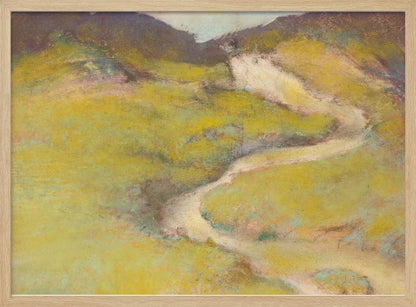 An impressionistic landscape painting in a silver frame. The artwork features a winding, light-colored path meandering through rolling hills rendered in shades of chartreuse and olive green with hints of pink and blue. The distant hills are a darker, muted brown, creating a sense of depth against a pale sky. Decor