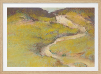 An impressionistic landscape painting in a silver frame. The artwork features a winding, light-colored path meandering through rolling hills rendered in shades of chartreuse and olive green with hints of pink and blue. The distant hills are a darker, muted brown, creating a sense of depth against a pale sky. Decor