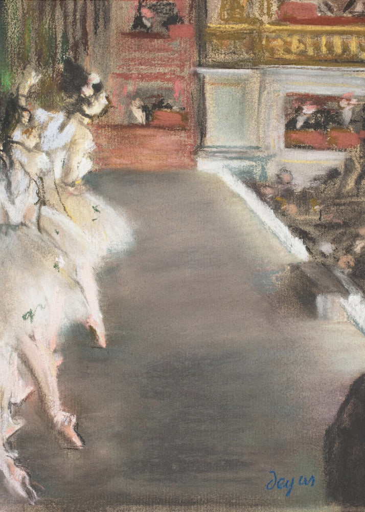 A pastel drawing by Edgar Degas depicting ballerinas from a side-stage perspective. Dancers in fluffy white tutus are grouped on the left, while the grey-brown stage extends to the right towards theater boxes filled with spectators. The style is Impressionistic with a soft, textured finish. Wall Art