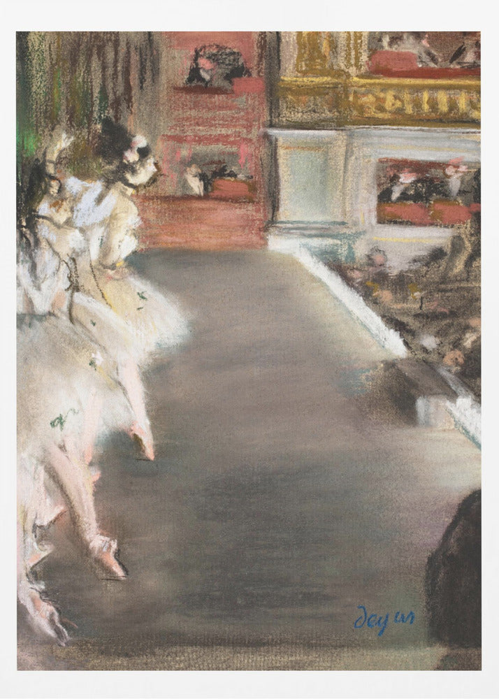 A pastel drawing by Edgar Degas depicting ballerinas from a side-stage perspective. Dancers in fluffy white tutus are grouped on the left, while the grey-brown stage extends to the right towards theater boxes filled with spectators. The style is Impressionistic with a soft, textured finish. Wall Art