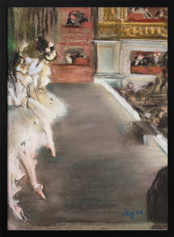 A pastel drawing by Edgar Degas depicting ballerinas from a side-stage perspective. Dancers in fluffy white tutus are grouped on the left, while the grey-brown stage extends to the right towards theater boxes filled with spectators. The style is Impressionistic with a soft, textured finish. Wall Art