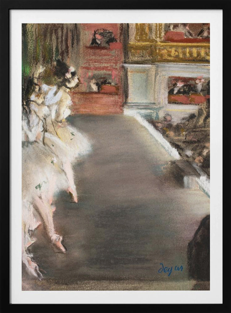 A pastel drawing by Edgar Degas depicting ballerinas from a side-stage perspective. Dancers in fluffy white tutus are grouped on the left, while the grey-brown stage extends to the right towards theater boxes filled with spectators. The style is Impressionistic with a soft, textured finish. Wall Art