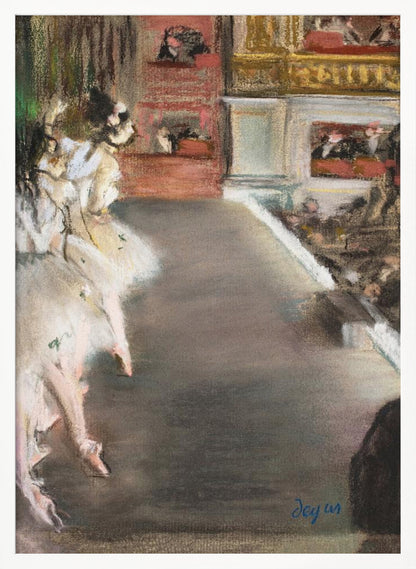 A pastel drawing by Edgar Degas depicting ballerinas from a side-stage perspective. Dancers in fluffy white tutus are grouped on the left, while the grey-brown stage extends to the right towards theater boxes filled with spectators. The style is Impressionistic with a soft, textured finish. Wall Art