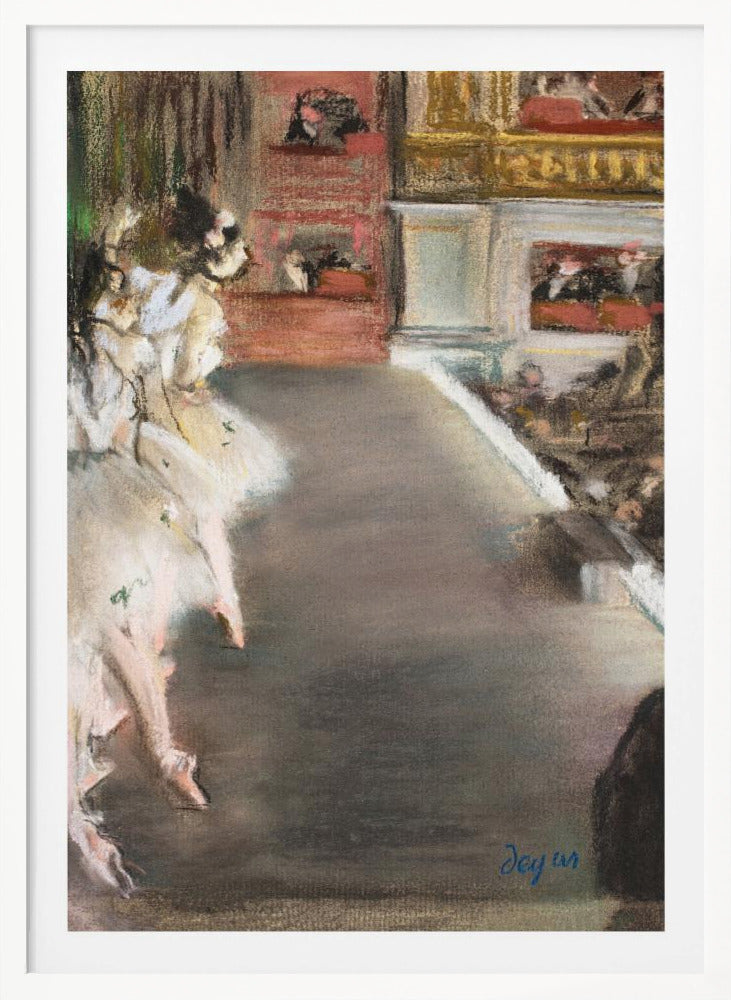 A pastel drawing by Edgar Degas depicting ballerinas from a side-stage perspective. Dancers in fluffy white tutus are grouped on the left, while the grey-brown stage extends to the right towards theater boxes filled with spectators. The style is Impressionistic with a soft, textured finish. Wall Art