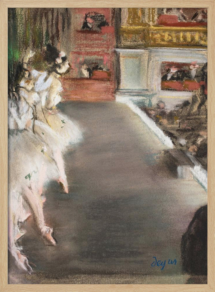 A pastel drawing by Edgar Degas depicting ballerinas from a side-stage perspective. Dancers in fluffy white tutus are grouped on the left, while the grey-brown stage extends to the right towards theater boxes filled with spectators. The style is Impressionistic with a soft, textured finish. Wall Art
