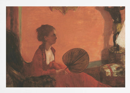 A vintage painting of a woman in profile sitting in a chair against a warm, orange-toned wall. She is wearing a red dress with a white ruffled collar and holding a dark, circular fan in her lap. The room is softly lit, with shadows and a small statue visible in the background. Wall Art