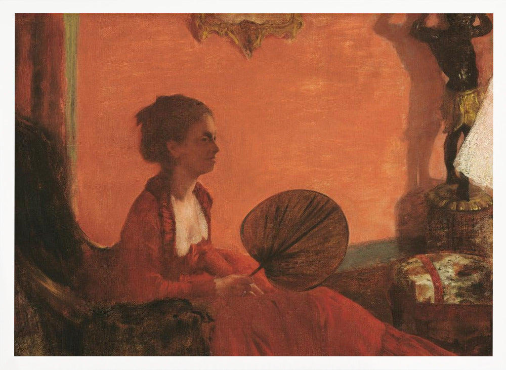 A vintage painting of a woman in profile sitting in a chair against a warm, orange-toned wall. She is wearing a red dress with a white ruffled collar and holding a dark, circular fan in her lap. The room is softly lit, with shadows and a small statue visible in the background. Wall Art