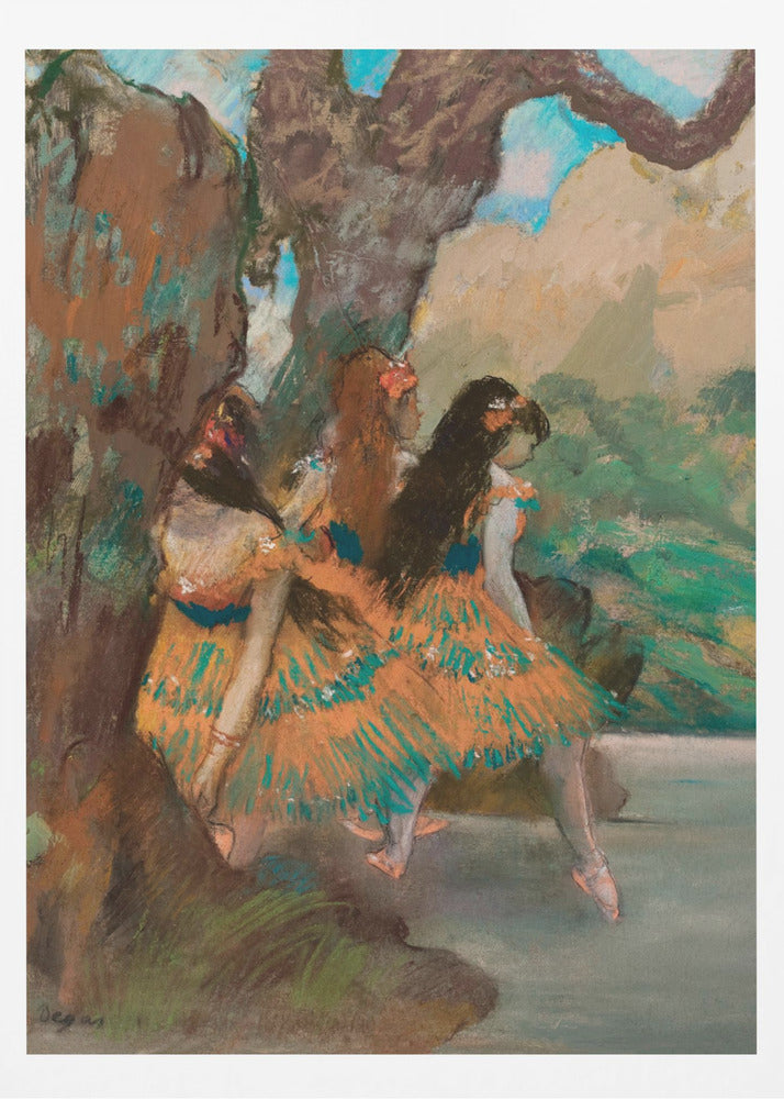 An Impressionist painting by Edgar Degas of three ballet dancers resting. They are wearing vibrant orange and teal tutus and are seated under a large, textured tree trunk with a soft-focus background of green foliage and a hint of blue sky. Wall Art