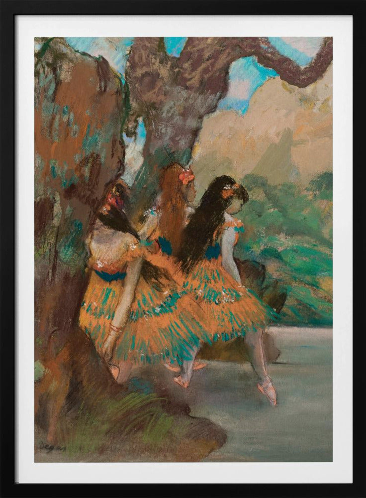 An Impressionist painting by Edgar Degas of three ballet dancers resting. They are wearing vibrant orange and teal tutus and are seated under a large, textured tree trunk with a soft-focus background of green foliage and a hint of blue sky. Wall Art