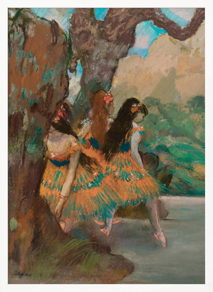 An Impressionist painting by Edgar Degas of three ballet dancers resting. They are wearing vibrant orange and teal tutus and are seated under a large, textured tree trunk with a soft-focus background of green foliage and a hint of blue sky. Wall Art