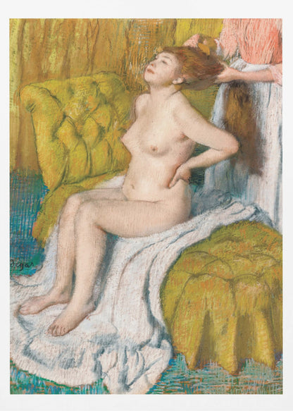 A pastel drawing by Edgar Degas of a nude woman with red hair sitting on a plush, chartreuse armchair. She leans her head back in pleasure as another person, likely a maid, stands behind her and combs her hair. The scene is intimate and rendered in an impressionistic style with visible pastel strokes. Artwork