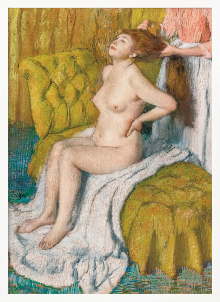 A pastel drawing by Edgar Degas of a nude woman with red hair sitting on a plush, chartreuse armchair. She leans her head back in pleasure as another person, likely a maid, stands behind her and combs her hair. The scene is intimate and rendered in an impressionistic style with visible pastel strokes. Artwork