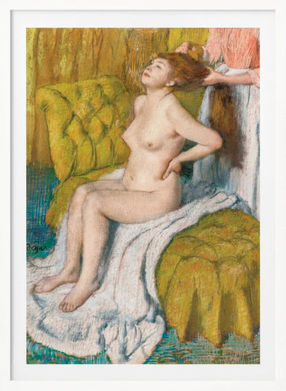 A pastel drawing by Edgar Degas of a nude woman with red hair sitting on a plush, chartreuse armchair. She leans her head back in pleasure as another person, likely a maid, stands behind her and combs her hair. The scene is intimate and rendered in an impressionistic style with visible pastel strokes. Artwork