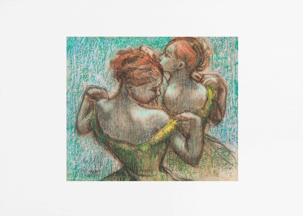 A framed pastel drawing by Edgar Degas, 'Two Dancers', depicting two ballerinas from behind. One dancer in a green dress with a yellow strap adjusts her costume, while another stands closely behind her against a textured turquoise background. The style is Impressionistic, capturing a candid moment. Artwork