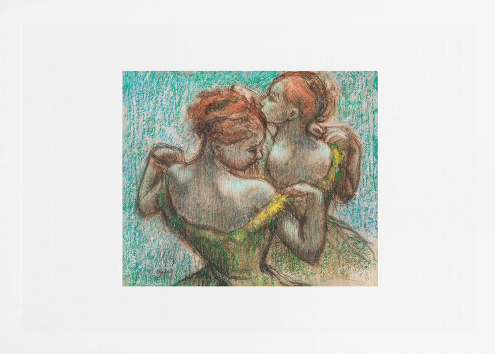 A framed pastel drawing by Edgar Degas, 'Two Dancers', depicting two ballerinas from behind. One dancer in a green dress with a yellow strap adjusts her costume, while another stands closely behind her against a textured turquoise background. The style is Impressionistic, capturing a candid moment. Artwork