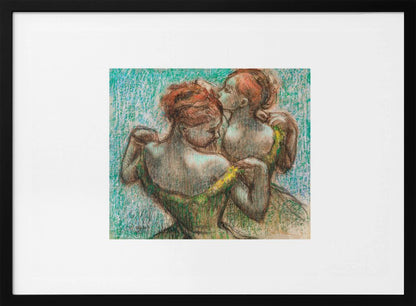 A framed pastel drawing by Edgar Degas, 'Two Dancers', depicting two ballerinas from behind. One dancer in a green dress with a yellow strap adjusts her costume, while another stands closely behind her against a textured turquoise background. The style is Impressionistic, capturing a candid moment. Artwork