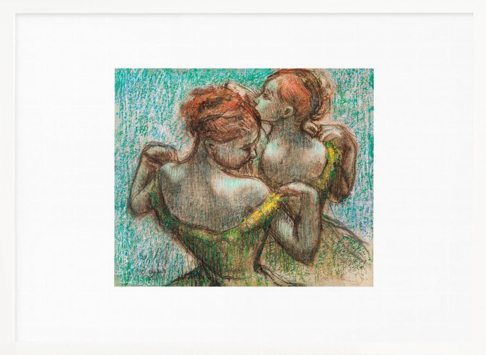 A framed pastel drawing by Edgar Degas, 'Two Dancers', depicting two ballerinas from behind. One dancer in a green dress with a yellow strap adjusts her costume, while another stands closely behind her against a textured turquoise background. The style is Impressionistic, capturing a candid moment. Artwork
