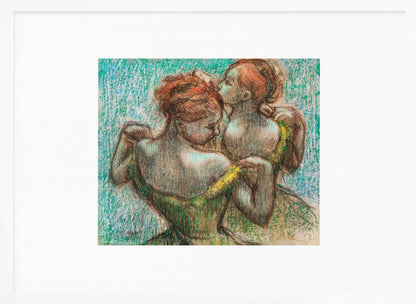 A framed pastel drawing by Edgar Degas, 'Two Dancers', depicting two ballerinas from behind. One dancer in a green dress with a yellow strap adjusts her costume, while another stands closely behind her against a textured turquoise background. The style is Impressionistic, capturing a candid moment. Artwork