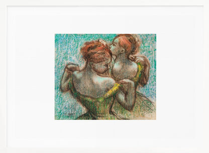A framed pastel drawing by Edgar Degas, 'Two Dancers', depicting two ballerinas from behind. One dancer in a green dress with a yellow strap adjusts her costume, while another stands closely behind her against a textured turquoise background. The style is Impressionistic, capturing a candid moment. Artwork