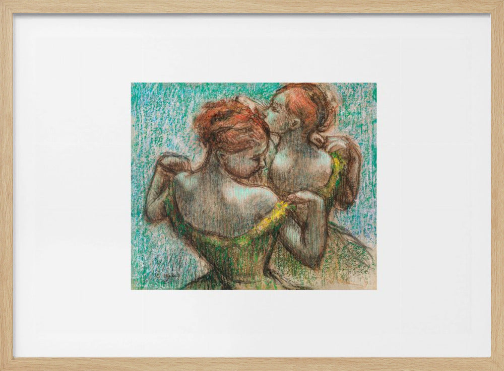 A framed pastel drawing by Edgar Degas, 'Two Dancers', depicting two ballerinas from behind. One dancer in a green dress with a yellow strap adjusts her costume, while another stands closely behind her against a textured turquoise background. The style is Impressionistic, capturing a candid moment. Artwork