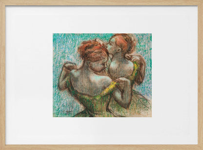 A framed pastel drawing by Edgar Degas, 'Two Dancers', depicting two ballerinas from behind. One dancer in a green dress with a yellow strap adjusts her costume, while another stands closely behind her against a textured turquoise background. The style is Impressionistic, capturing a candid moment. Artwork