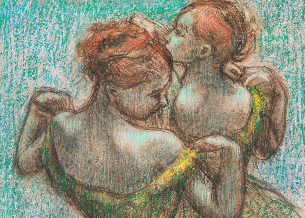 A framed pastel drawing in the Impressionist style depicting two female figures. One woman with reddish-brown hair in an updo is seen from the back, wearing a green dress. Another woman stands behind her, tenderly kissing the top of her head. The background is a textured, vibrant turquoise. Wall Art