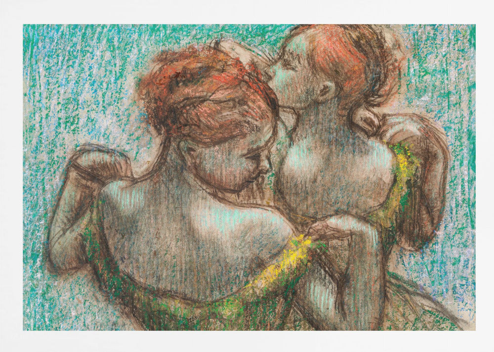 A framed pastel drawing in the Impressionist style depicting two female figures. One woman with reddish-brown hair in an updo is seen from the back, wearing a green dress. Another woman stands behind her, tenderly kissing the top of her head. The background is a textured, vibrant turquoise. Wall Art