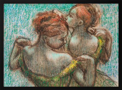 A framed pastel drawing in the Impressionist style depicting two female figures. One woman with reddish-brown hair in an updo is seen from the back, wearing a green dress. Another woman stands behind her, tenderly kissing the top of her head. The background is a textured, vibrant turquoise. Wall Art