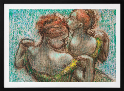 A framed pastel drawing in the Impressionist style depicting two female figures. One woman with reddish-brown hair in an updo is seen from the back, wearing a green dress. Another woman stands behind her, tenderly kissing the top of her head. The background is a textured, vibrant turquoise. Wall Art