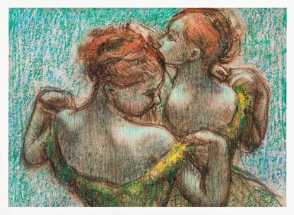 A framed pastel drawing in the Impressionist style depicting two female figures. One woman with reddish-brown hair in an updo is seen from the back, wearing a green dress. Another woman stands behind her, tenderly kissing the top of her head. The background is a textured, vibrant turquoise. Wall Art