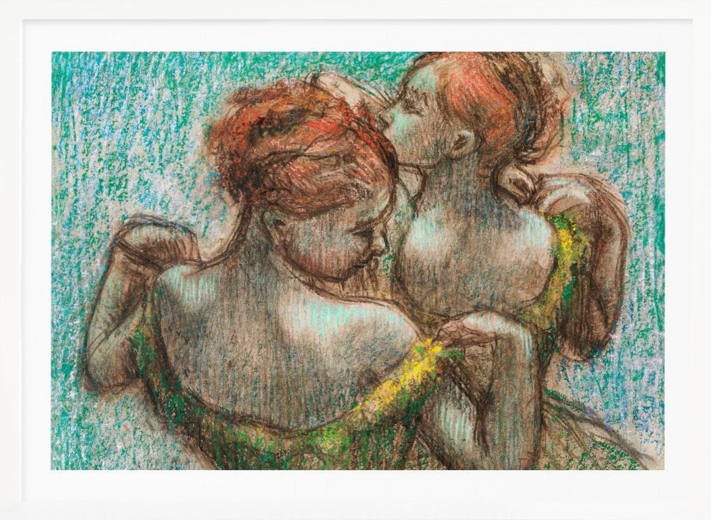 A framed pastel drawing in the Impressionist style depicting two female figures. One woman with reddish-brown hair in an updo is seen from the back, wearing a green dress. Another woman stands behind her, tenderly kissing the top of her head. The background is a textured, vibrant turquoise. Wall Art