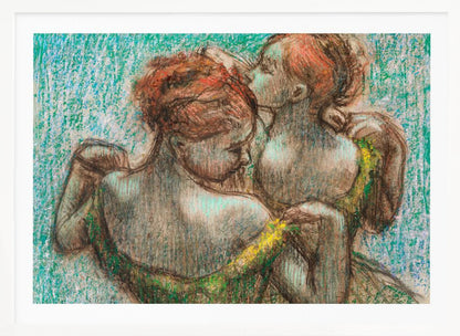 A framed pastel drawing in the Impressionist style depicting two female figures. One woman with reddish-brown hair in an updo is seen from the back, wearing a green dress. Another woman stands behind her, tenderly kissing the top of her head. The background is a textured, vibrant turquoise. Wall Art