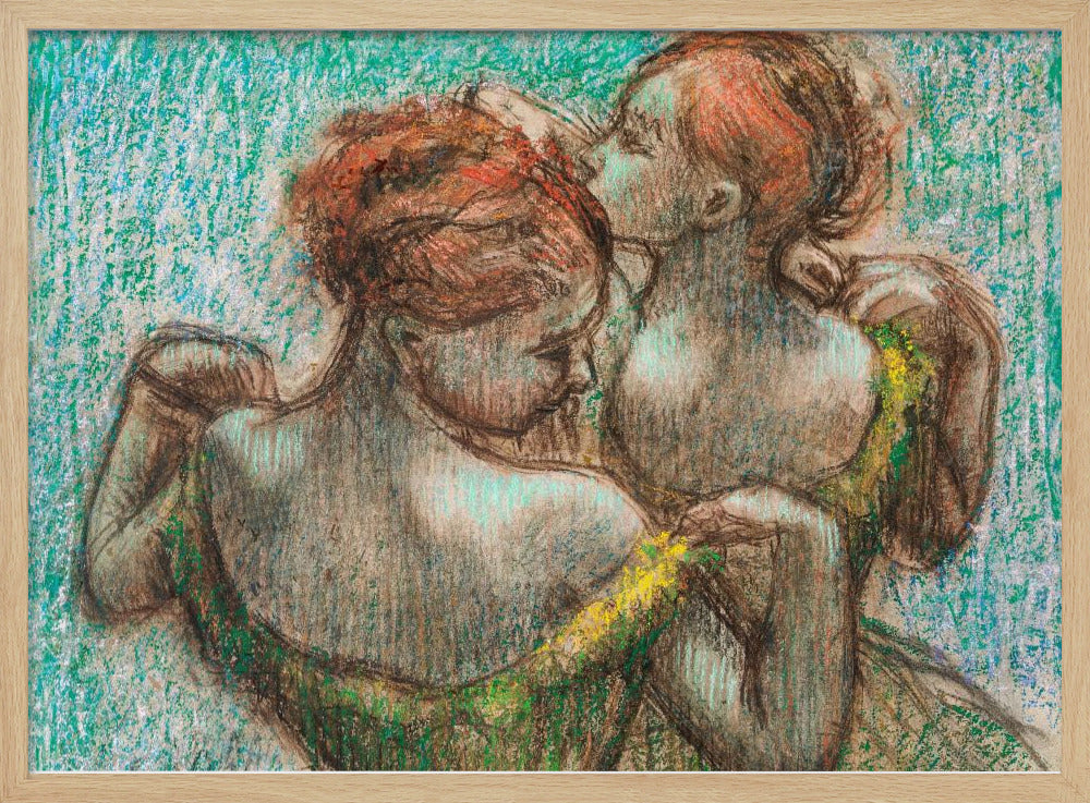 A framed pastel drawing in the Impressionist style depicting two female figures. One woman with reddish-brown hair in an updo is seen from the back, wearing a green dress. Another woman stands behind her, tenderly kissing the top of her head. The background is a textured, vibrant turquoise. Wall Art