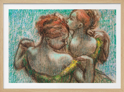 A framed pastel drawing in the Impressionist style depicting two female figures. One woman with reddish-brown hair in an updo is seen from the back, wearing a green dress. Another woman stands behind her, tenderly kissing the top of her head. The background is a textured, vibrant turquoise. Wall Art