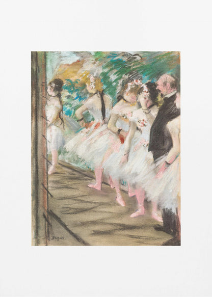 An Impressionist painting by Edgar Degas showing a group of ballet dancers in white tutus waiting in the wings of a stage. A man in a dark suit stands with them. The artwork is presented in a black frame with a white mat. Print