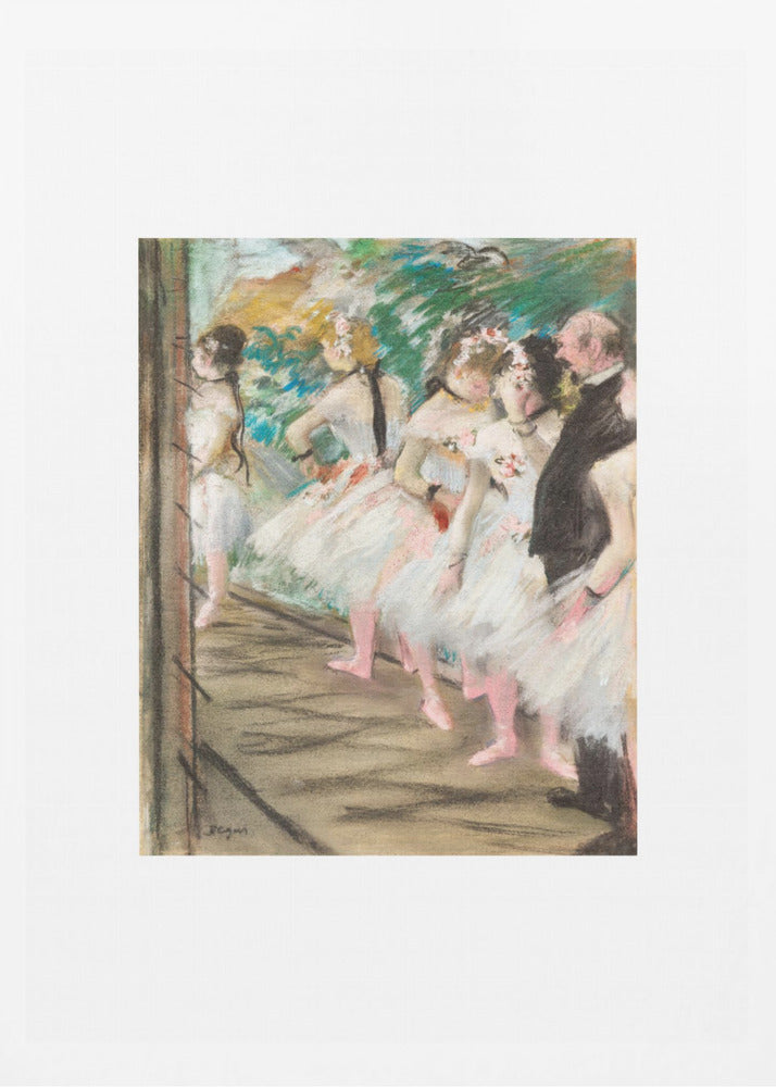 An Impressionist painting by Edgar Degas showing a group of ballet dancers in white tutus waiting in the wings of a stage. A man in a dark suit stands with them. The artwork is presented in a black frame with a white mat. Print
