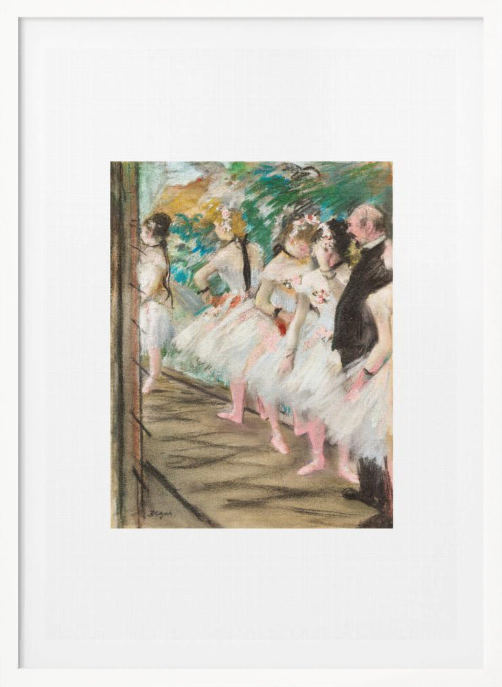An Impressionist painting by Edgar Degas showing a group of ballet dancers in white tutus waiting in the wings of a stage. A man in a dark suit stands with them. The artwork is presented in a black frame with a white mat. Print